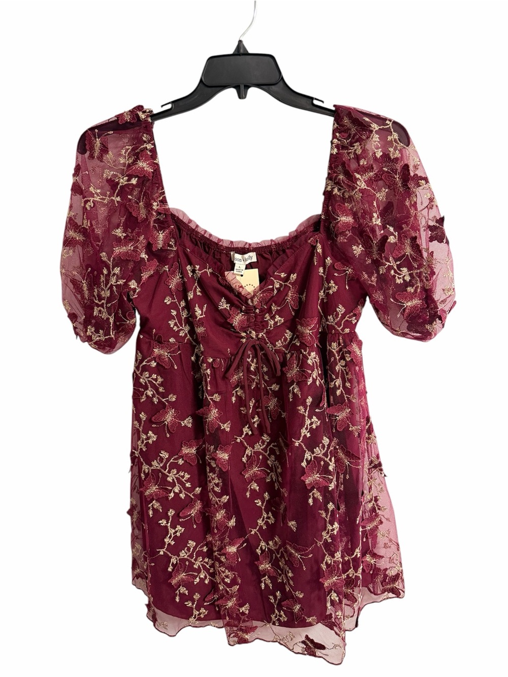 Allison & Kelly Babydoll Burgundy Floral Butterfly Puff-Sleeve Dress NWT Large